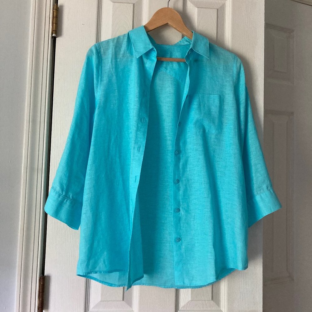 Electric Blue 3/4 Sleeve Linen Shirt - Size 4 / Sm